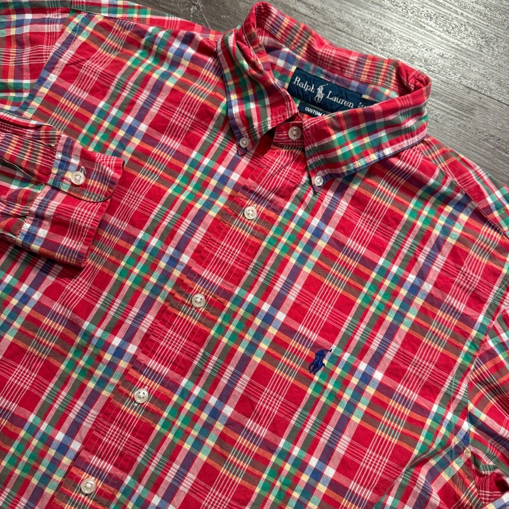 Ralph Lauren Shirt Mens XL Red Cotton Plaid Custom Fit Button Down Preppy Casual